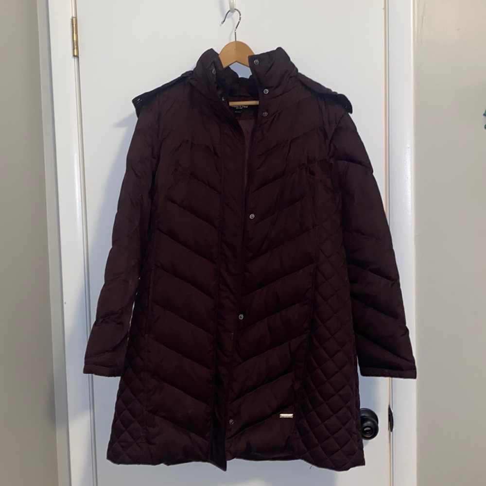 Brown/burgundy Kenneth Cole winter puffer jacket w/detachable fur hood size XL